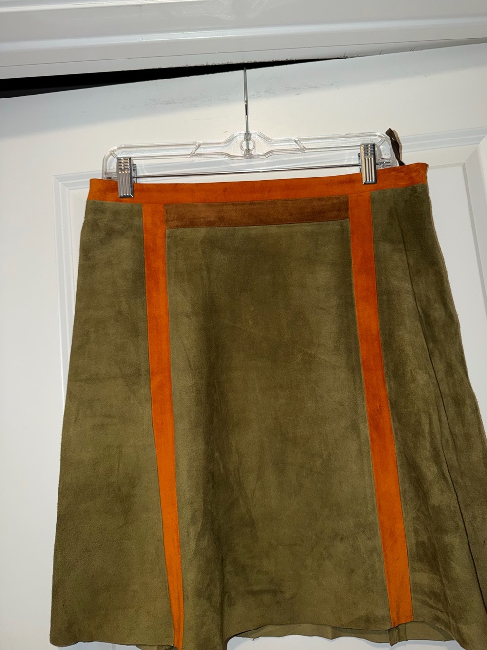 Prada Olive Green Suede A-Line Skirt with Orange Trim